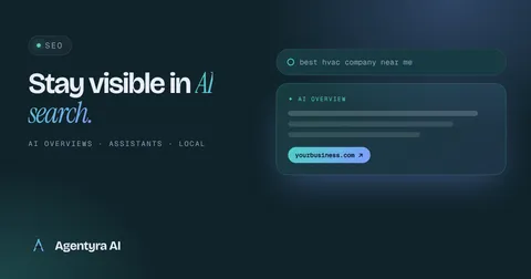 Illustration of a search bar with an AI-generated answer panel citing a small business website, in teal and blue on a dark background